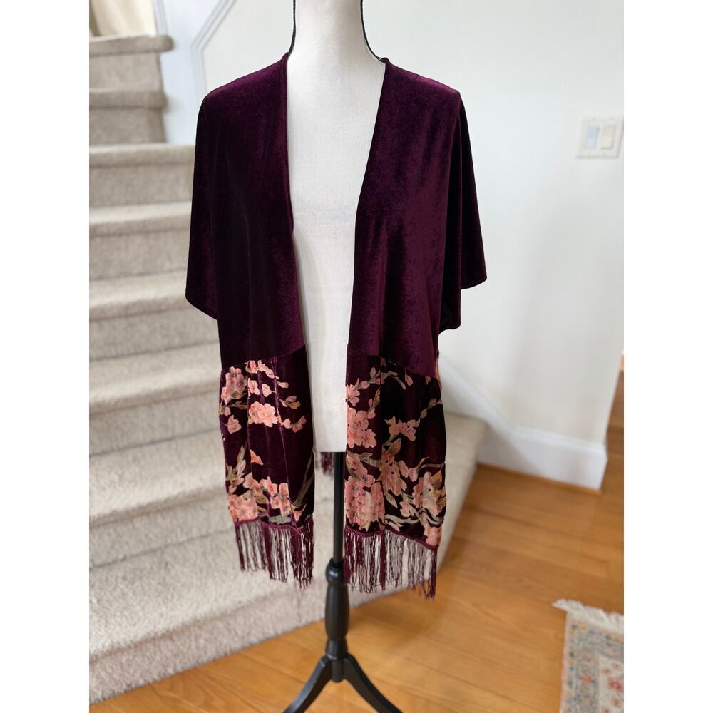 Whimsygoth Fairy Burgundy Crushed Velvet Fringe Sheer Cherry Blossom Kimono
